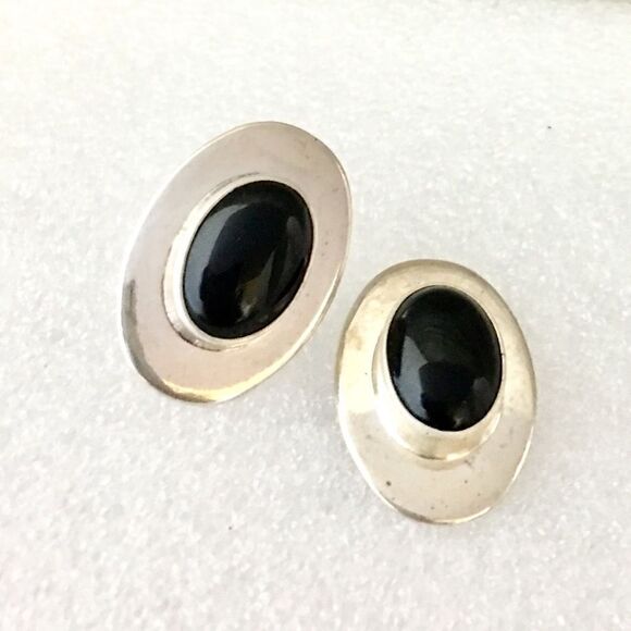 925 Sterling Silver Black Onyx Taxco Mexico Earrings Vintage Oval Pierced 1200 - Picture 5 of 8